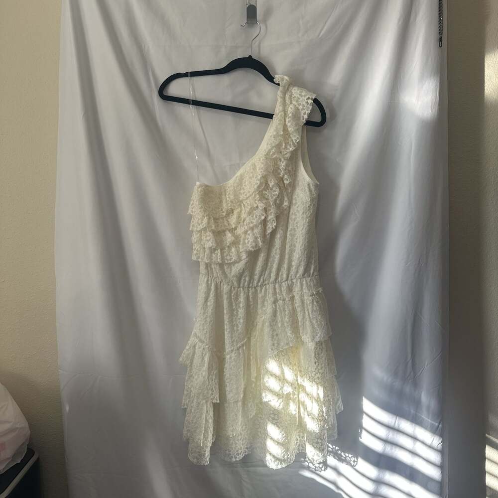 Chelsea & Violet One-Shoulder Ruffle Tiered Mini Dress in Off-White